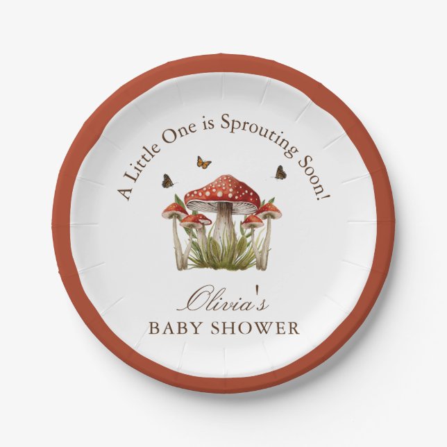 Brown Maroon Mushroom Butterfly Theme Baby Shower Paper Plates (Front)