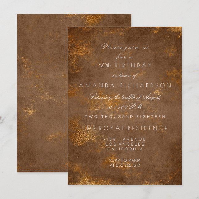 Brown Maroon Sepia Distressed Grungy Gold Birthday Invitation (Front/Back)