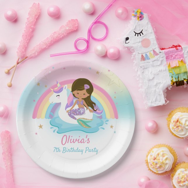 Brown Mermaid and Unicorn Pool Birthday Party  Paper Plates (Party)