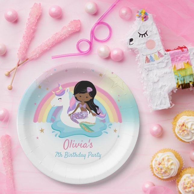Brown Mermaid and Unicorn Pool Birthday Party  Paper Plates (Party)