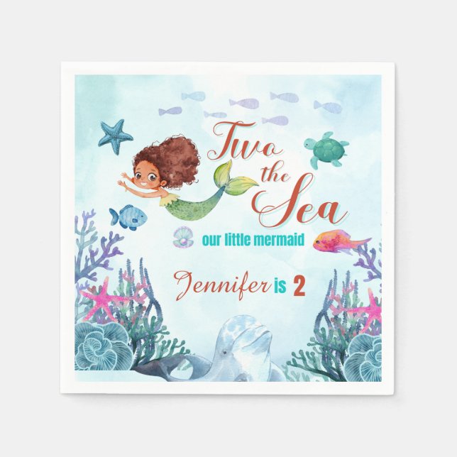 Brown Mermaid Two the Sea Girls 2nd Birthday Napkins (Front)