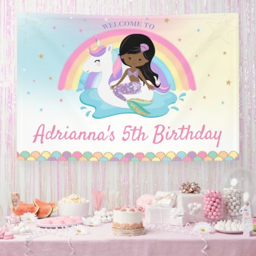 Brown Mermaid Unicorn Pool Birthday Welcome  Banner