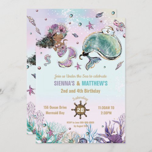 Brown Mermaid Whale Pirate Twins Joint Birthday Invitation