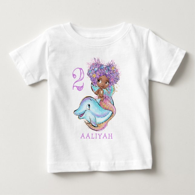 Brown Mermaid with Dolphin Birthday Baby T-Shirt (Front)