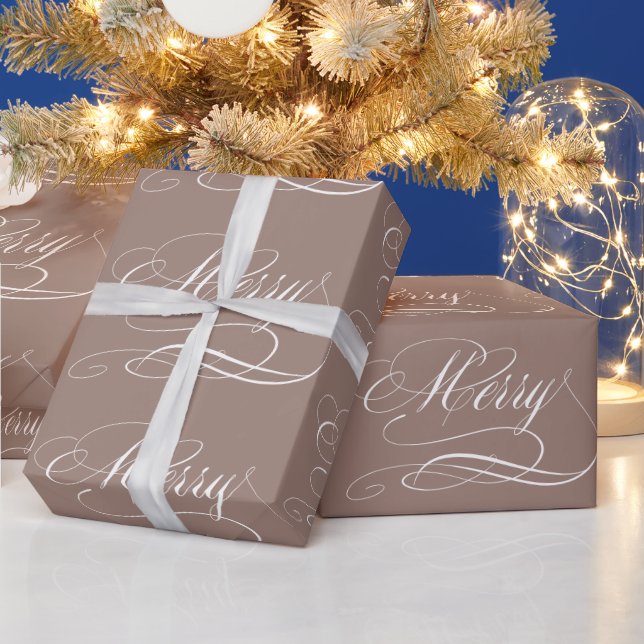 Brown Merry Calligraphy Color 9C7F74 Wrapping Paper (Holidays)