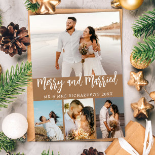 Brown Merry & Married 4 Photo Collage Christmas  Holiday Card