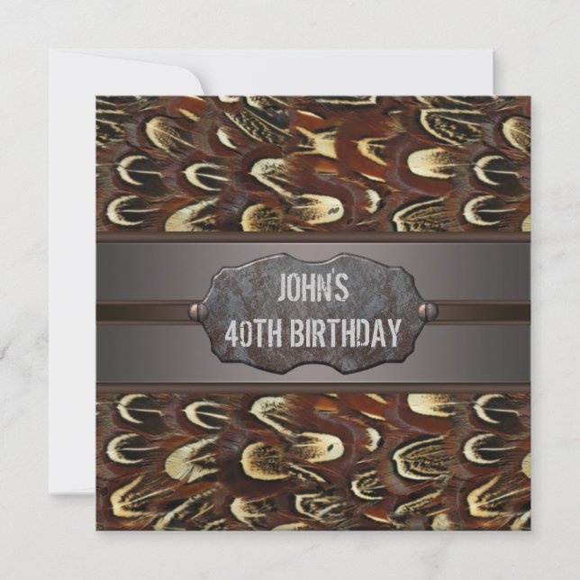 Brown Metal Feathers Mans 40th Birthday Party Invitation (Front)