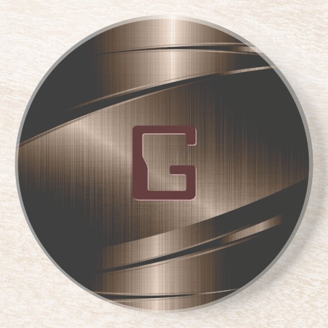 Brown Metallic Design Stainless Steel Look Sandstone Coaster (Front)