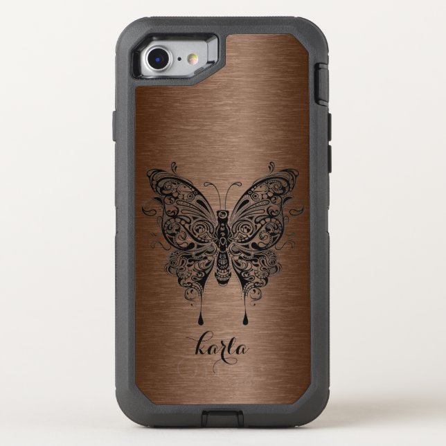 Brown Metallic Texture & Black Tribal Butterfly Otterbox iPhone Case (Back)