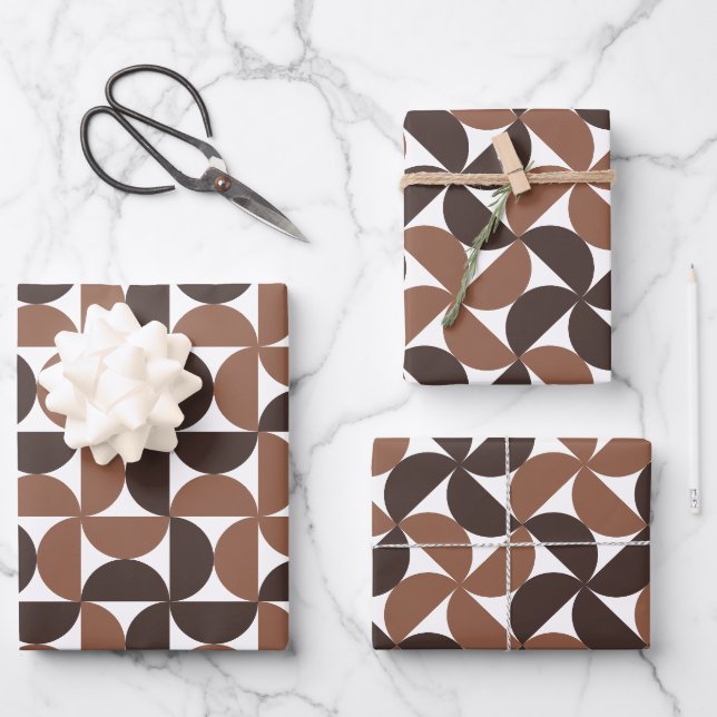 Brown Mid Century Modern Pattern Wrapping Paper Sheets (Front)