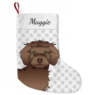 Brown Mini Goldendoodle Cartoon Dog Head &amp; Name Small Christmas Stocking