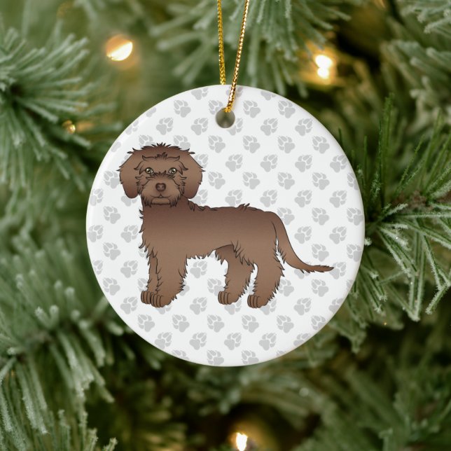 Brown Mini Goldendoodle Cartoon Dog & Text Ceramic Ornament (Tree)
