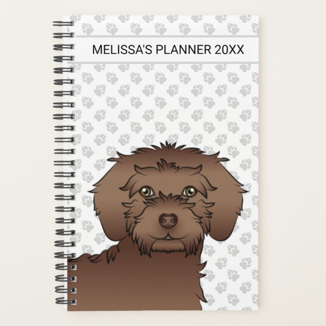 Brown Mini Goldendoodle Cartoon Dog & Text Planner (Front)