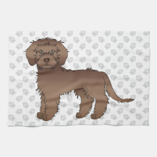 Brown Mini Goldendoodle Cute Cartoon Dog & Paws Kitchen Towel