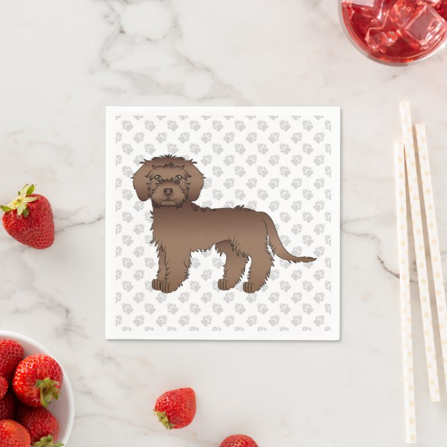 Brown Mini Goldendoodle Cute Cartoon Dog & Paws Napkins (Insitu)
