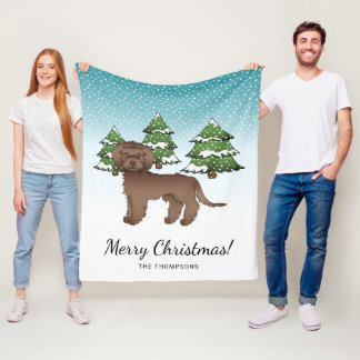 Brown Mini Goldendoodle Dog In A Winter Forest Fleece Blanket