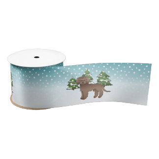 Brown Mini Goldendoodle Dog In A Winter Forest Satin Ribbon