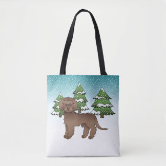Brown Mini Goldendoodle Dog In A Winter Forest Tote Bag