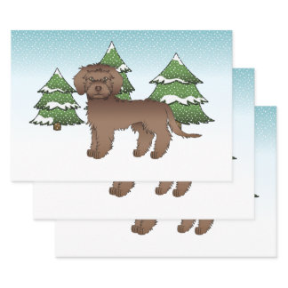 Brown Mini Goldendoodle Dog In A Winter Forest Wrapping Paper Sheets