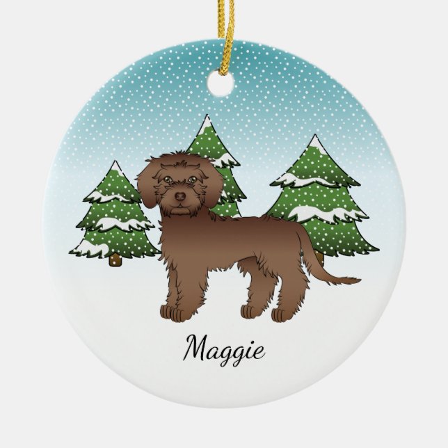 Brown Mini Goldendoodle - Winter Forest & Name Ceramic Ornament (Front)