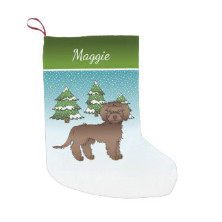 Brown Mini Goldendoodle - Winter Forest &amp; Name Small Christmas Stocking
