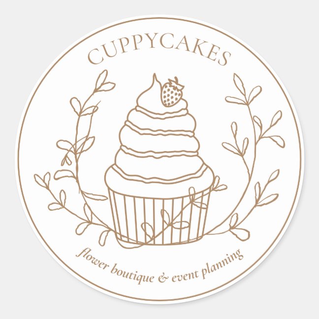Brown Minimal Floral Bakery Strawberry Cupcake Classic Round Sticker