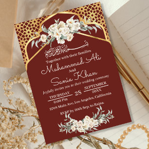 Brown Minimal Floral Gold Islamic Muslim Wedding Invitation