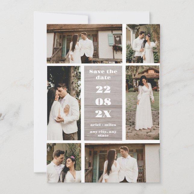 Brown Minimalist 6-Photo Save The Date Card (Front)