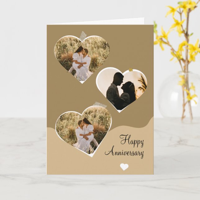Brown Minimalist Anniversary Photo Collage Folded  Card (Yellow Flower)