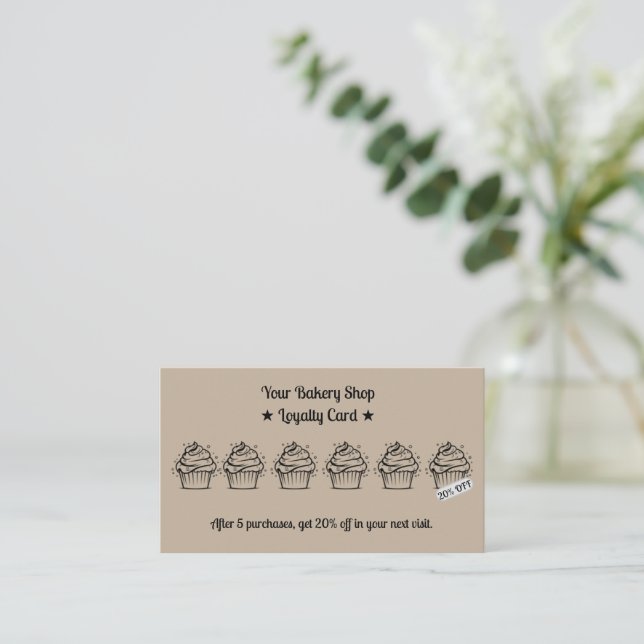 Brown Minimalist Cupcakes Bakery Discount Loyalty Card (Standing Front)
