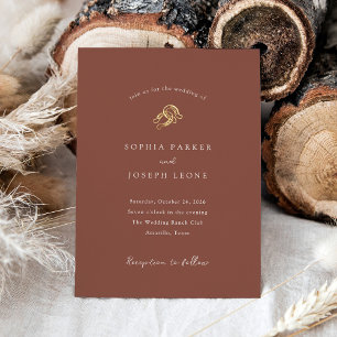 Brown Minimalist Horseshoe Rustic Wedding Gold Foil Invitation