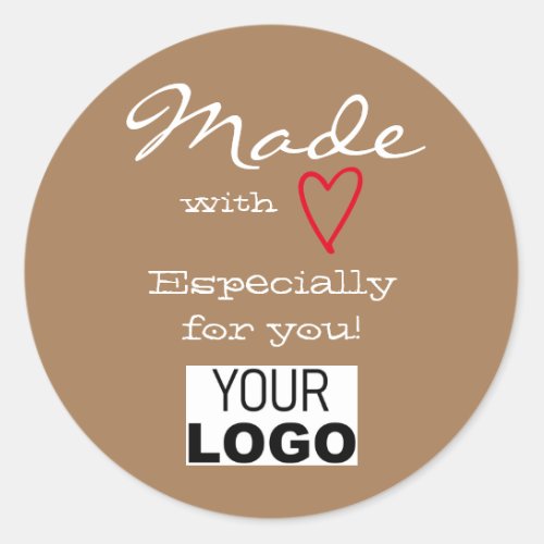 Brown Minimalist Made with Love Red Heart Logo  Classic Round Sticker