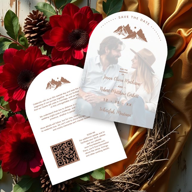 Brown Minimalist Rustic Cute Mountains Landscape Save The Date (Brown Minimalist Rustic Cute Mountains Landscape Photo Wedding Save the Date Cards with QR Code.)