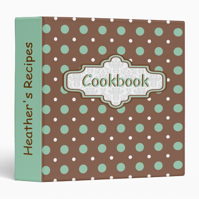 Brown, mint green retro polka dot cute recipe binder (Front/Spine)