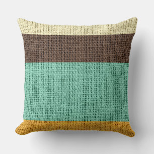 Brown Mint Yellow Stripes Burlap Linen Rustic Jute Throw Pillow