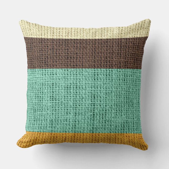 Brown Mint Yellow Stripes Burlap Linen Rustic Jute Throw Pillow (Front)