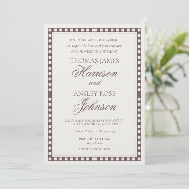 Brown Mocha Harlequin Checkered Wedding Invitation (Standing Front)