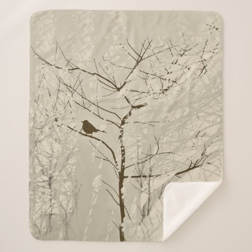 Brown Mockingbird in Tree Silhouette Graphic Sherpa Blanket