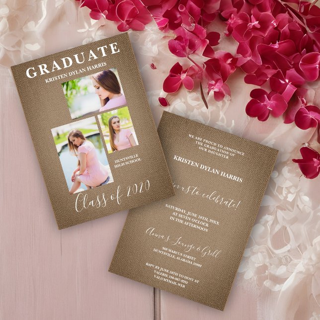 Brown Modern 3 Photos Collage Grad Linen Effect (Brown Modern Three Photos Collage Graduation Linen Effect Fabric Invitation Card.)