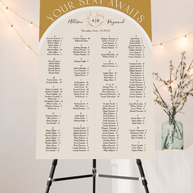 Brown modern arched alphabetical seating chart foa foam board (In Situ (Stand))