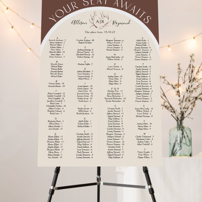 Brown modern arched alphabetical seating chart foam board (In Situ (Stand))