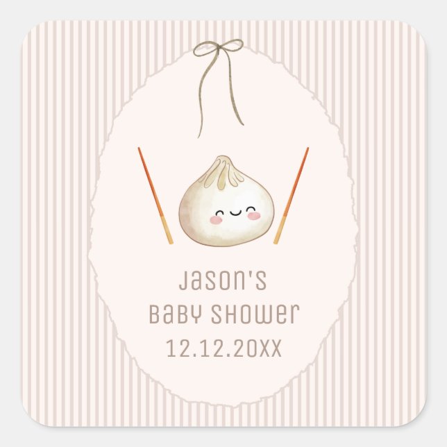 Brown Modern Boy Bow Asian Dumpling Baby Shower  Square Sticker (Front)