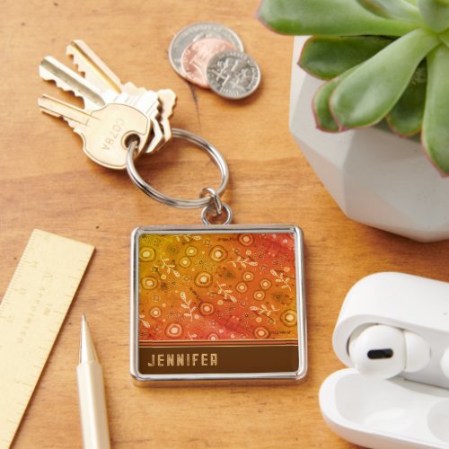 Brown Modern Floral Custom NameContact  Keychain