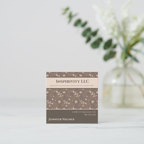Brown Modern Floral Custom QR Code Contact  Square Business Card