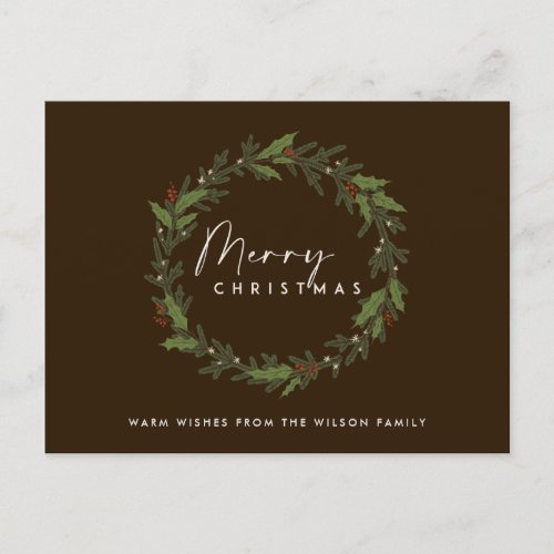 BROWN MODERN HOLLY BERRY WREATH MERRY CHRISTMAS HOLIDAY POSTCARD