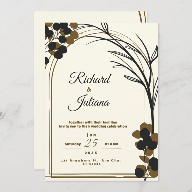 brown modern nature floral watercolor invitation (Front/Back)