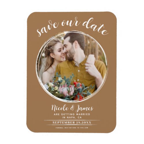 Brown Modern Round Photo Save the Date Magnet