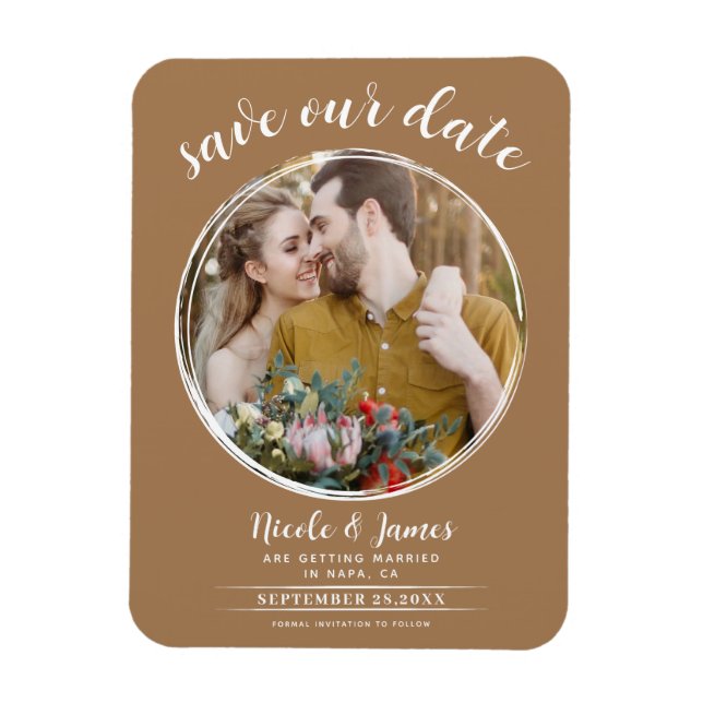 Brown Modern Round Photo Save the Date Magnet (Vertical)