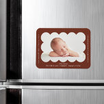 Brown Modern Scalloped Frame Birth Announcement Magnet<br><div class="desc">Modern birth announcement magnet featuring your baby's photo nestled inside of a brown scalloped frame. Personalize the brown birth announcement magnet by adding your baby's name and additional information in white lettering.</div>