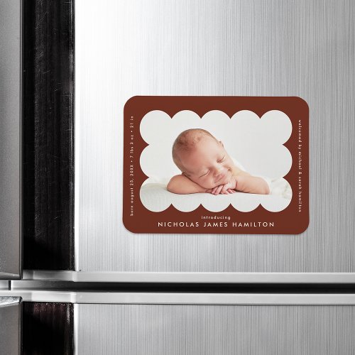 Brown Modern Scalloped Frame Birth Announcement Magnet